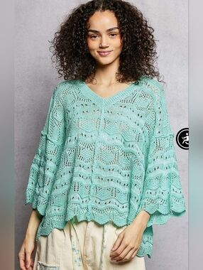 POL turquoise open-knit V-neck sweater